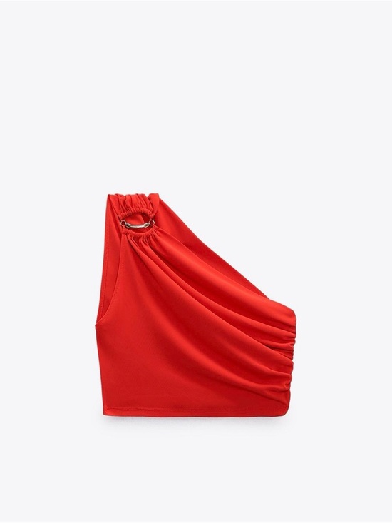 Zara Tops - Zara Ruched Asymmetric One-Shoulder Red Ruched Crop Top